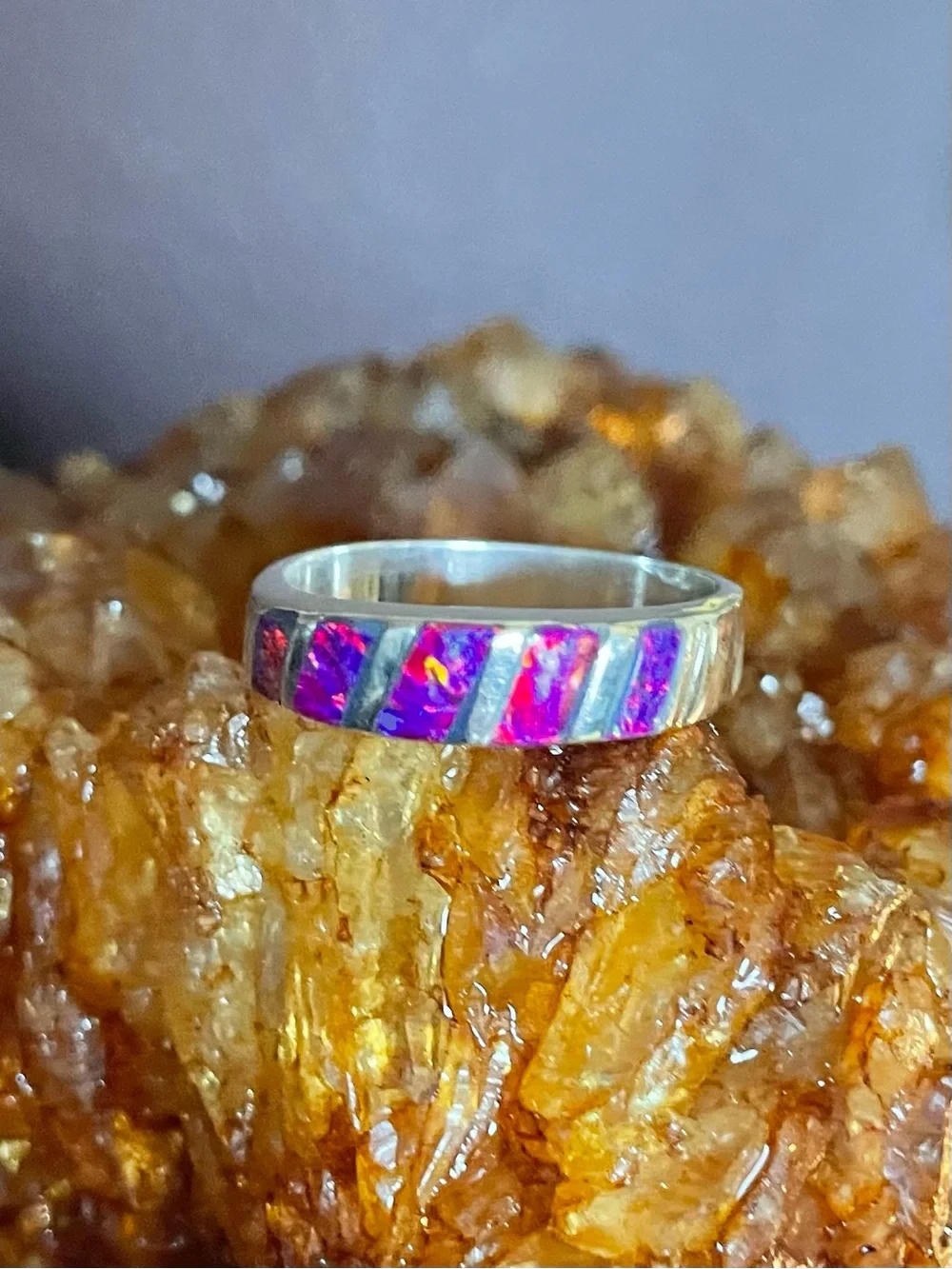 Pink Purple Opal Inlay Vintage Sterling Ring